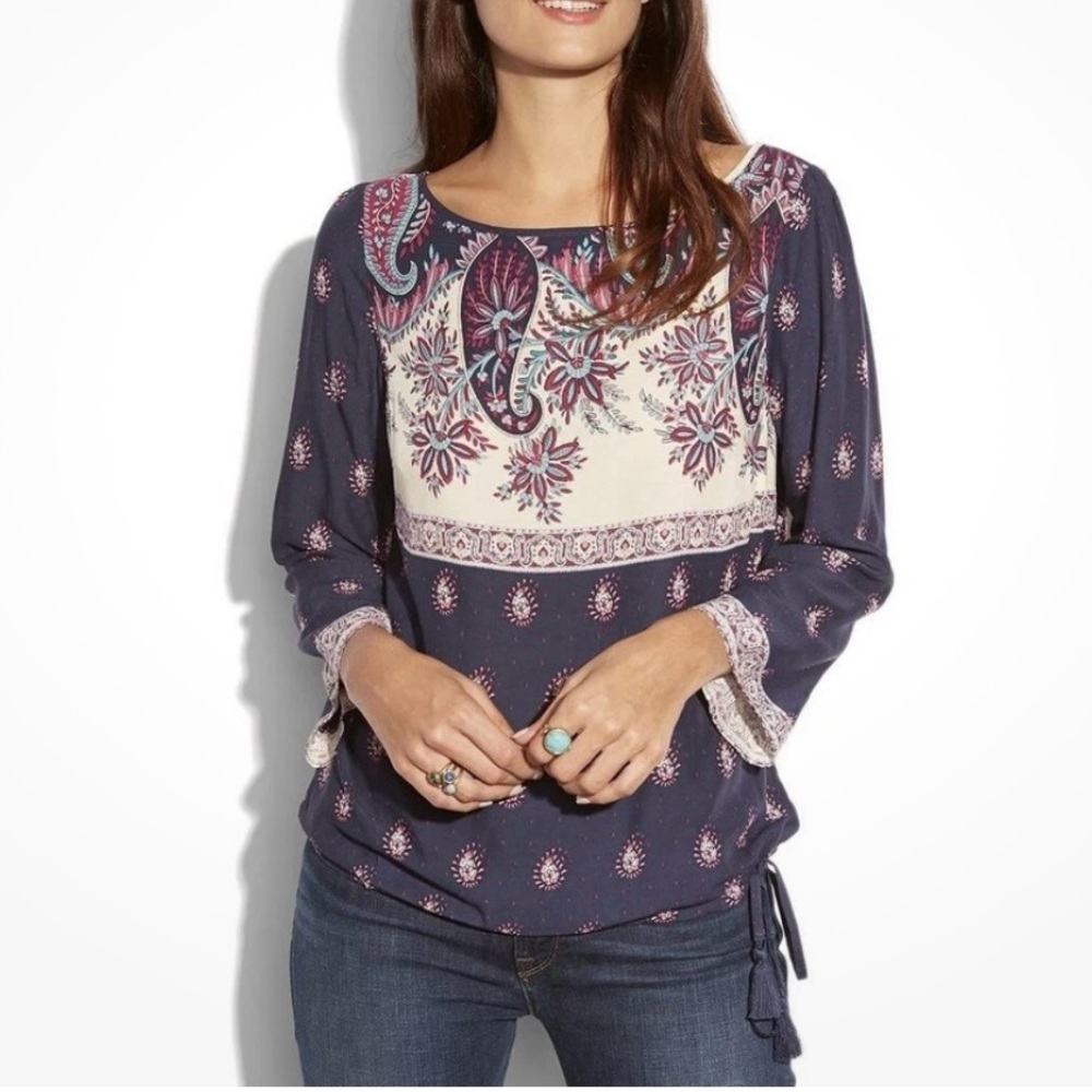 Lucky Brand Larache Border Print Blouse Shirt Peasant Boho Paisley Sz M